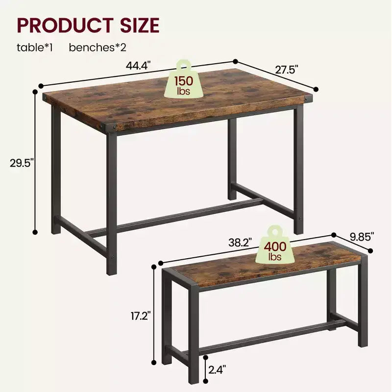 Ensemble de table à manger 3 pièces pour 4 personnes avec 2 bancs, table de cuisine avec protections d'angle, cadre en H, compact pour appartements et petits espaces
