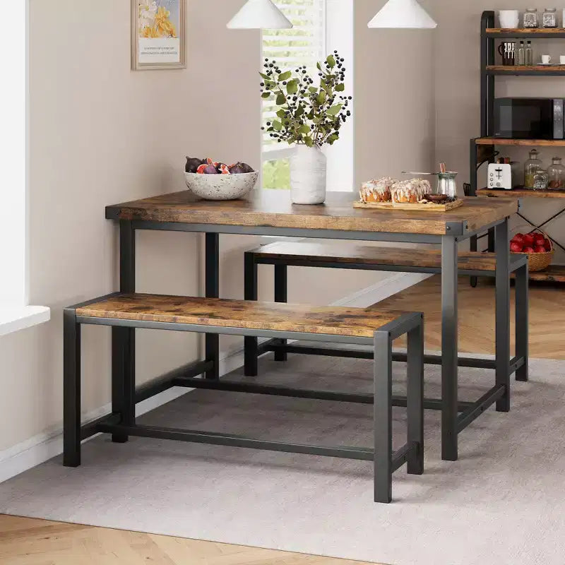 Ensemble de table à manger 3 pièces pour 4 personnes avec 2 bancs, table de cuisine avec protections d'angle, cadre en H, compact pour appartements et petits espaces