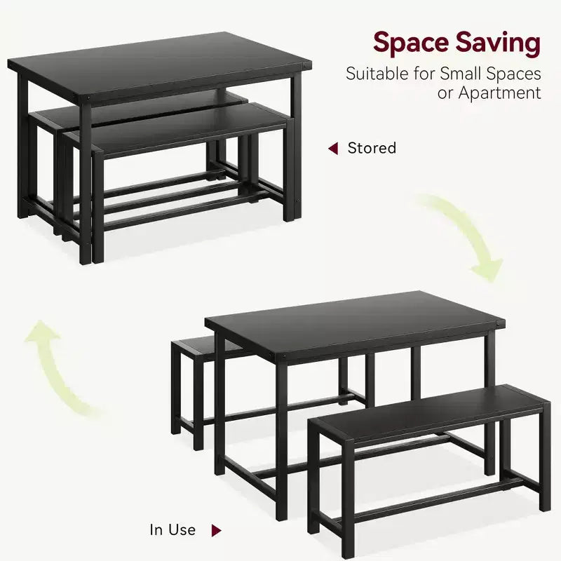 Ensemble de table à manger 3 pièces pour 4 personnes avec 2 bancs, table de cuisine avec protections d'angle, cadre en H, compact pour appartements et petits espaces