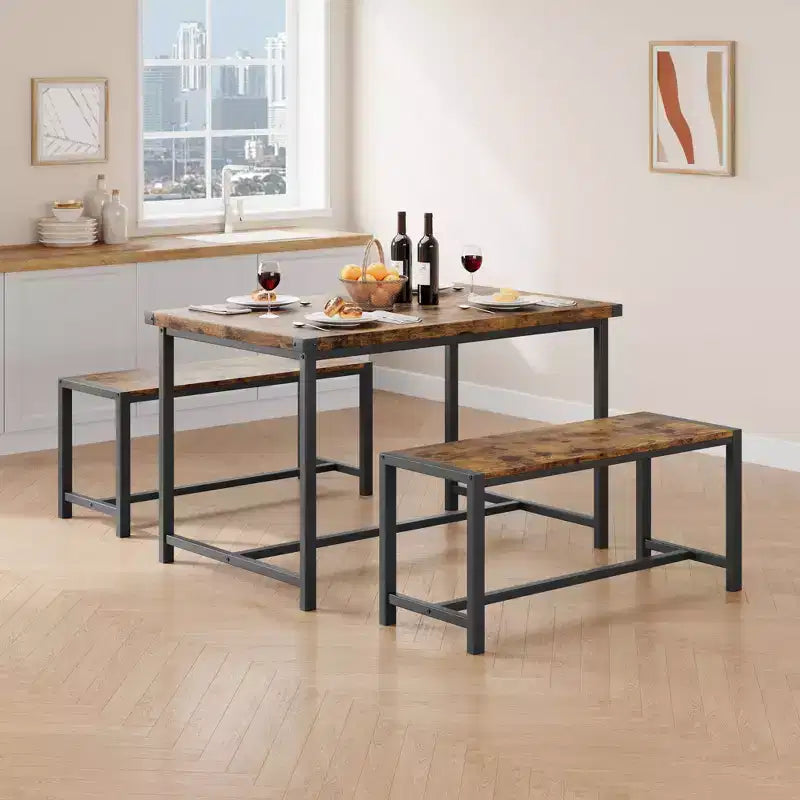 Ensemble de table à manger 3 pièces pour 4 personnes avec 2 bancs, table de cuisine avec protections d'angle, cadre en H, compact pour appartements et petits espaces