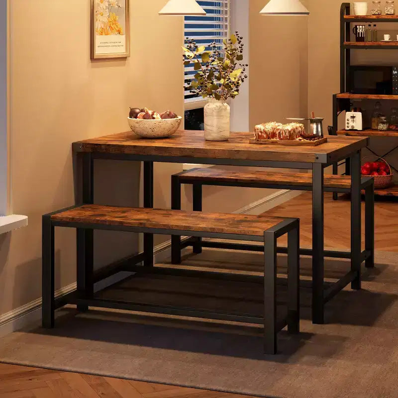 Ensemble de table à manger 3 pièces pour 4 personnes avec 2 bancs, table de cuisine avec protections d'angle, cadre en H, compact pour appartements et petits espaces