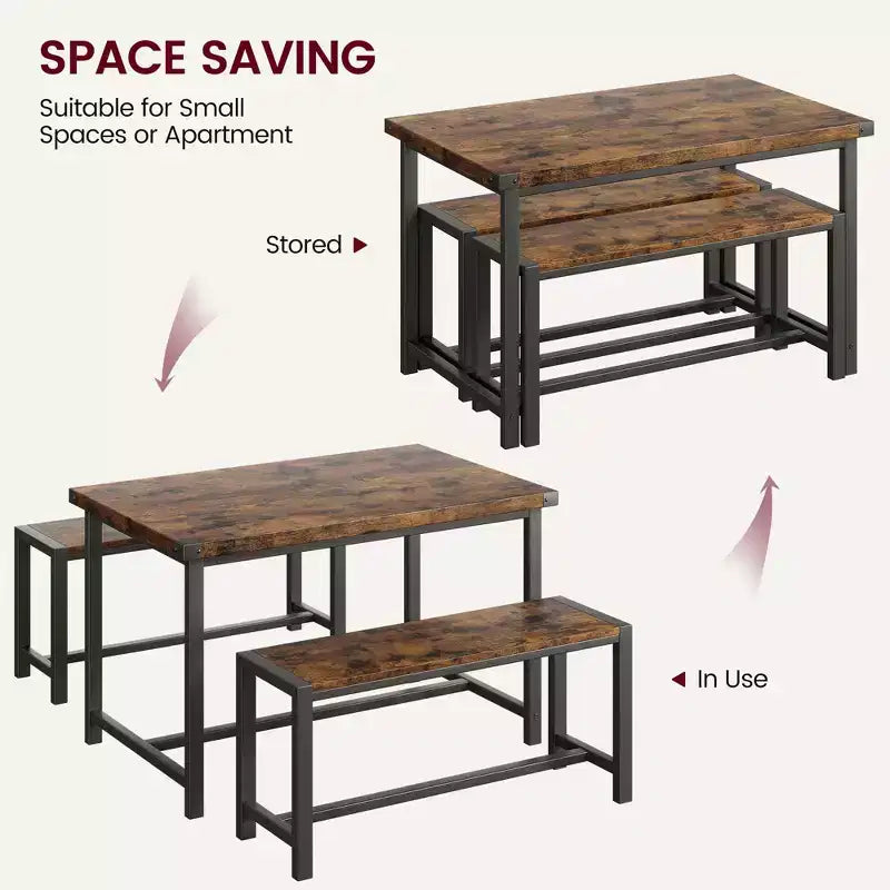Ensemble de table à manger 3 pièces pour 4 personnes avec 2 bancs, table de cuisine avec protections d'angle, cadre en H, compact pour appartements et petits espaces