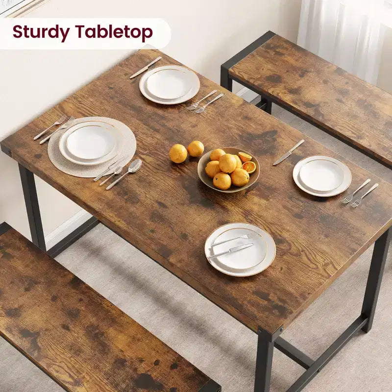Ensemble de table à manger 3 pièces pour 4 personnes avec 2 bancs, table de cuisine avec protections d'angle, cadre en H, compact pour appartements et petits espaces