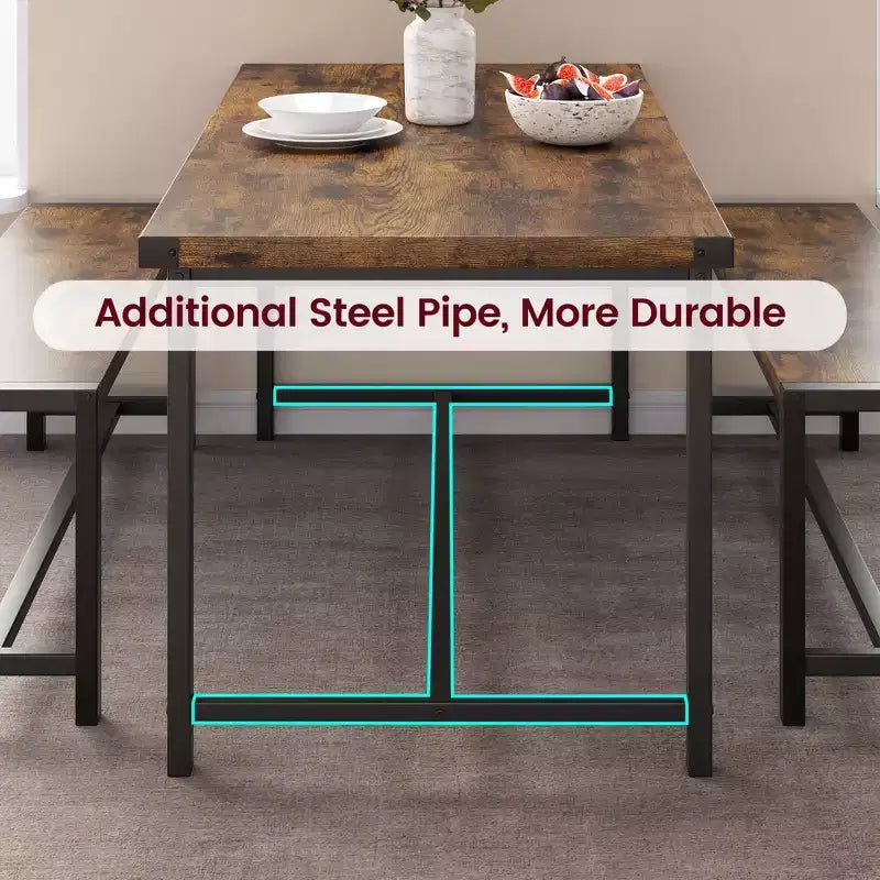 Ensemble de table à manger 3 pièces pour 4 personnes avec 2 bancs, table de cuisine avec protections d'angle, cadre en H, compact pour appartements et petits espaces