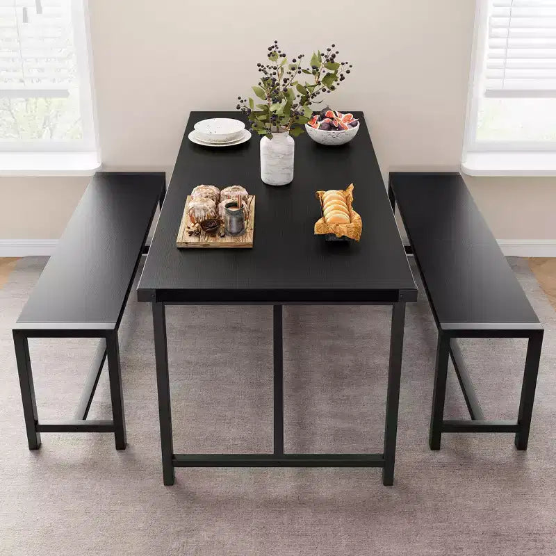 Ensemble de table à manger 3 pièces pour 4 personnes avec 2 bancs, table de cuisine avec protections d'angle, cadre en H, compact pour appartements et petits espaces