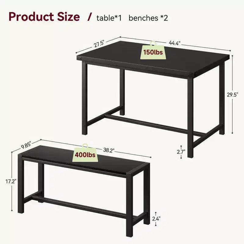 Ensemble de table à manger 3 pièces pour 4 personnes avec 2 bancs, table de cuisine avec protections d'angle, cadre en H, compact pour appartements et petits espaces