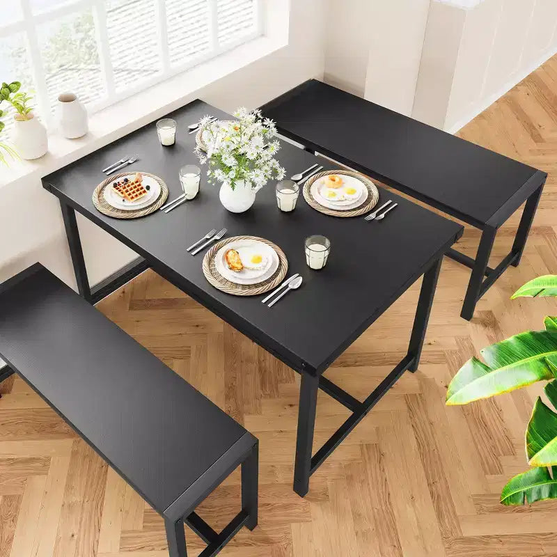 Ensemble de table à manger 3 pièces pour 4 personnes avec 2 bancs, table de cuisine avec protections d'angle, cadre en H, compact pour appartements et petits espaces
