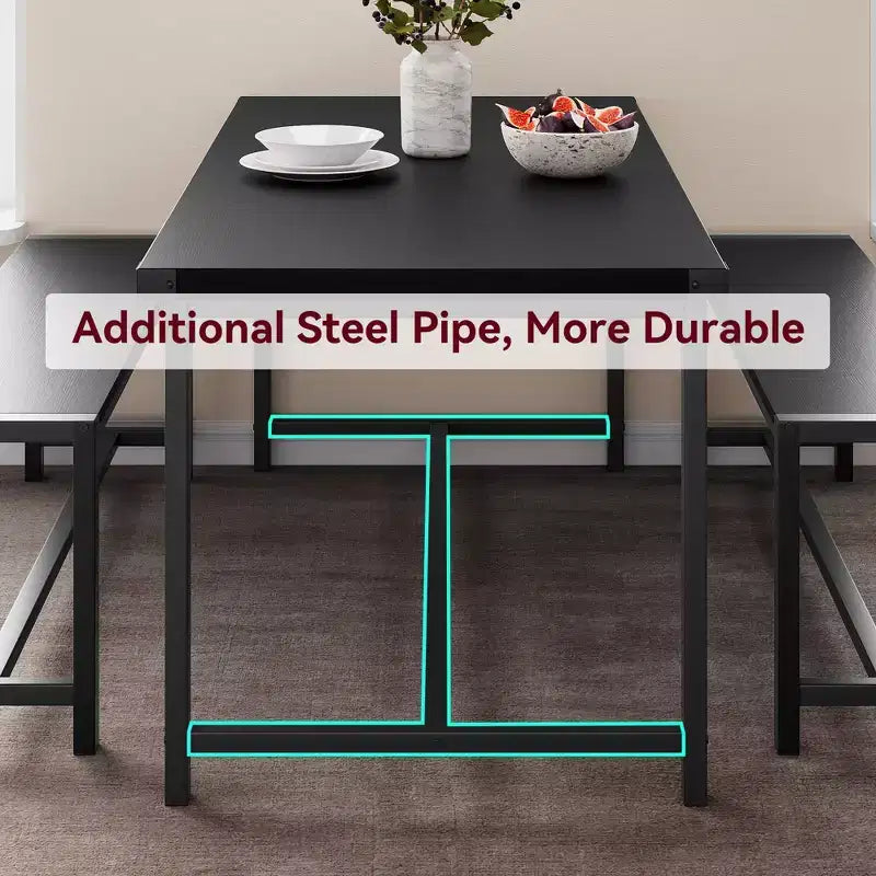 Ensemble de table à manger 3 pièces pour 4 personnes avec 2 bancs, table de cuisine avec protections d'angle, cadre en H, compact pour appartements et petits espaces