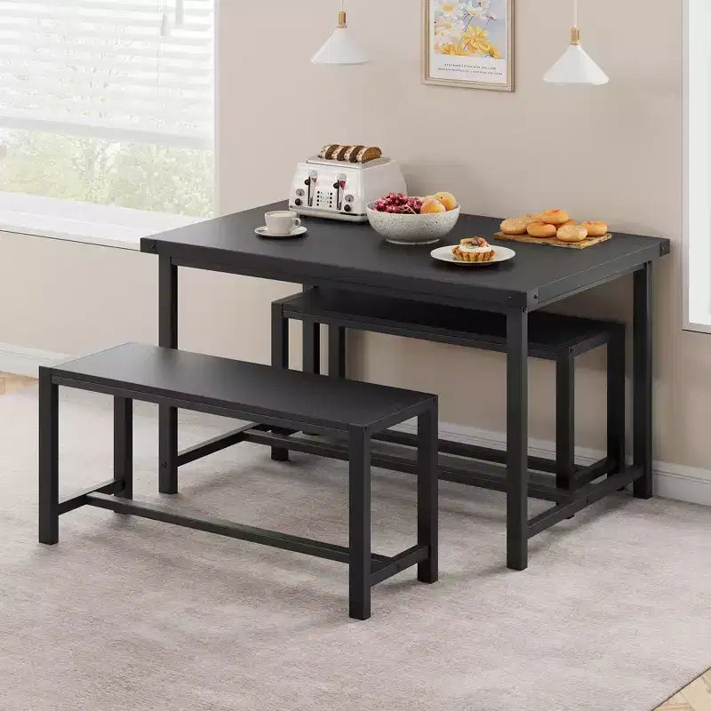 Ensemble de table à manger 3 pièces pour 4 personnes avec 2 bancs, table de cuisine avec protections d'angle, cadre en H, compact pour appartements et petits espaces