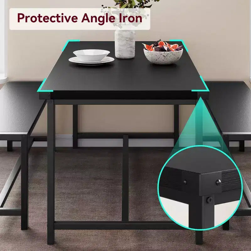 Ensemble de table à manger 3 pièces pour 4 personnes avec 2 bancs, table de cuisine avec protections d'angle, cadre en H, compact pour appartements et petits espaces