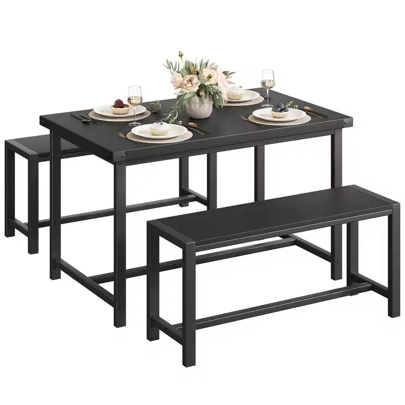 3-Piece Dining Table Set for 4 with 2 Benches, Kitchen Table with Corner Protectors, H-Shaped Frame, Compact for Apartments & Small Spaces