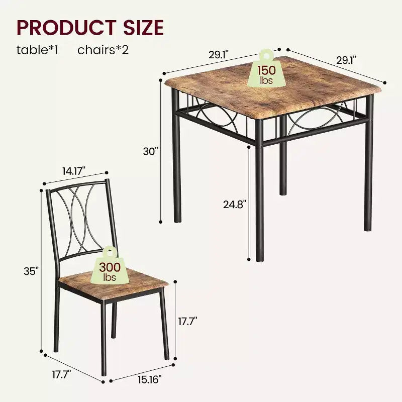 Ensemble de salle à manger carré 3 pièces pour 2 – Table et chaises rembourrées pour petits espaces