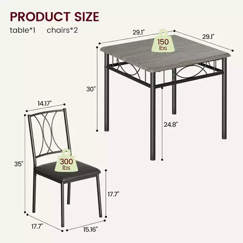 Ensemble de salle à manger carré 3 pièces pour 2 – Table et chaises rembourrées pour petits espaces