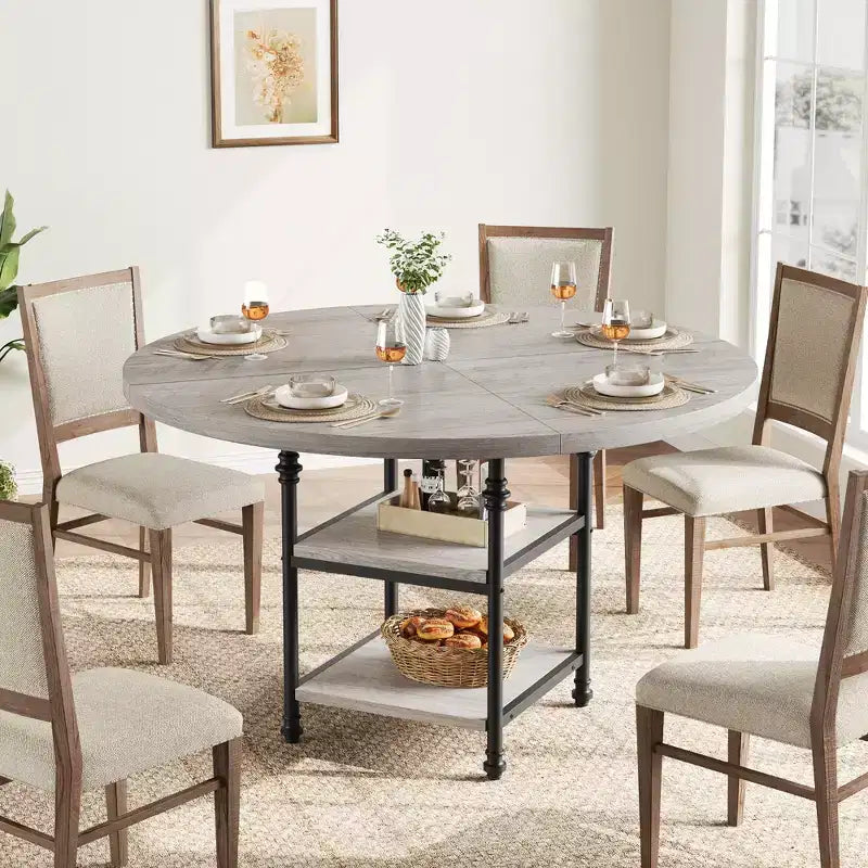 Table à manger ronde de 47 pouces pour 6 personnes, table de cuisine en bois avec étagères de rangement et pieds en métal romains pour salle à manger, cuisine, salon (Table uniquement)