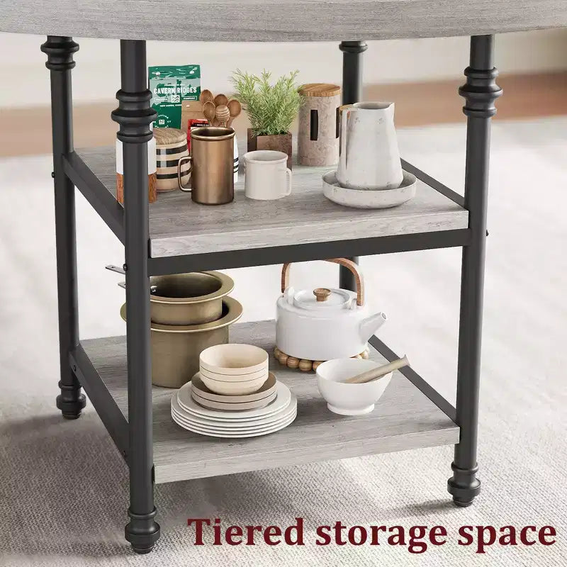 Table à manger ronde de 47 pouces pour 6 personnes, table de cuisine en bois avec étagères de rangement et pieds en métal romains pour salle à manger, cuisine, salon (Table uniquement)