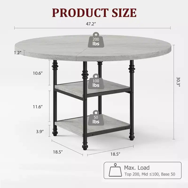 Table à manger ronde de 47 pouces pour 6 personnes, table de cuisine en bois avec étagères de rangement et pieds en métal romains pour salle à manger, cuisine, salon (Table uniquement)