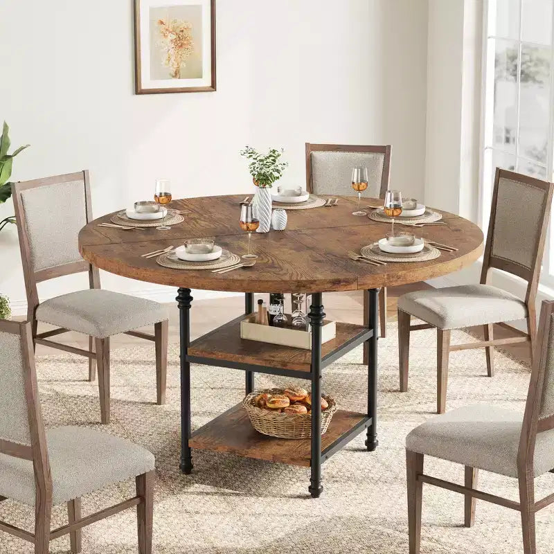 Table à manger ronde de 47 pouces pour 6 personnes, table de cuisine en bois avec étagères de rangement et pieds en métal romains pour salle à manger, cuisine, salon (Table uniquement)