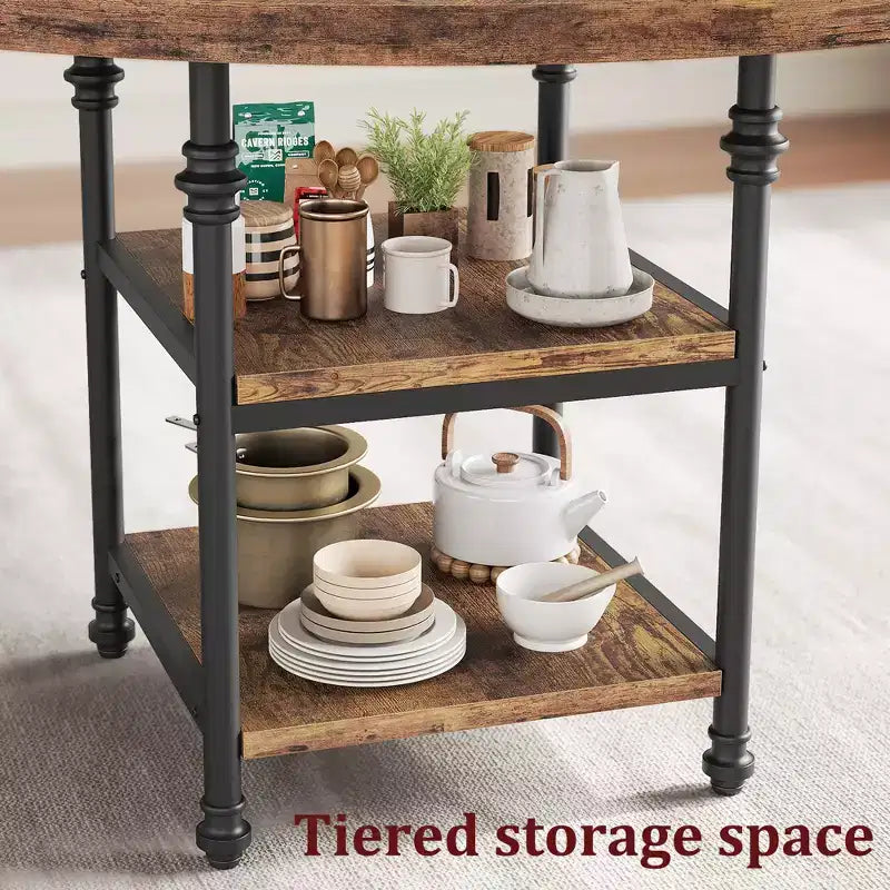 Table à manger ronde de 47 pouces pour 6 personnes, table de cuisine en bois avec étagères de rangement et pieds en métal romains pour salle à manger, cuisine, salon (Table uniquement)
