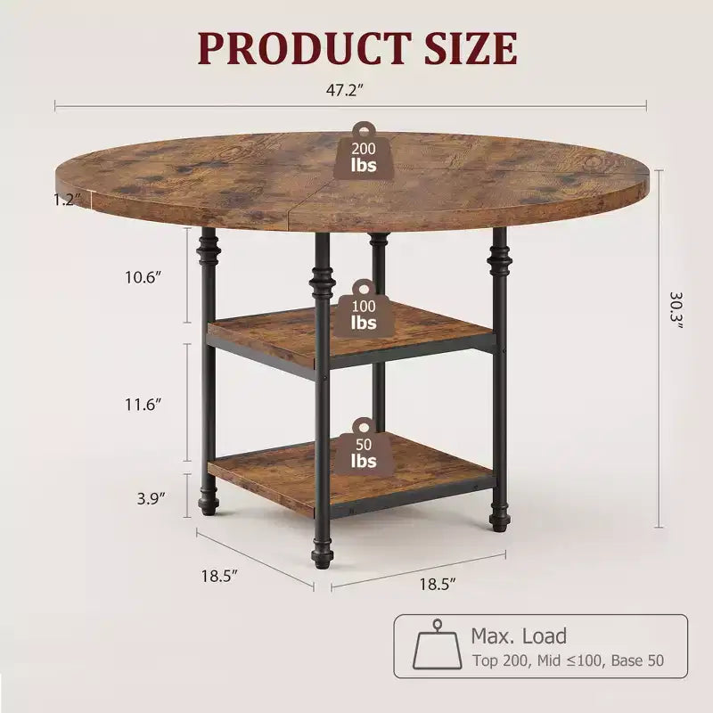 Table à manger ronde de 47 pouces pour 6 personnes, table de cuisine en bois avec étagères de rangement et pieds en métal romains pour salle à manger, cuisine, salon (Table uniquement)