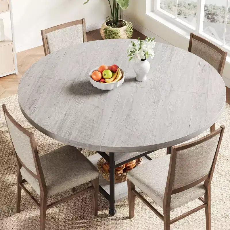Table à manger ronde de 47 pouces pour 6 personnes, table de cuisine en bois avec étagères de rangement et pieds en métal romains pour salle à manger, cuisine, salon (Table uniquement)