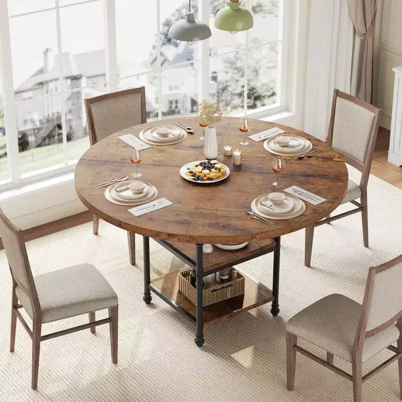 47 In Round Dining Table for 6,Dinner Wooden Kitchen Table with Storage Shelves & Roman Metal Legs for Dining Room,Kitchen,Living Room (Table Only)