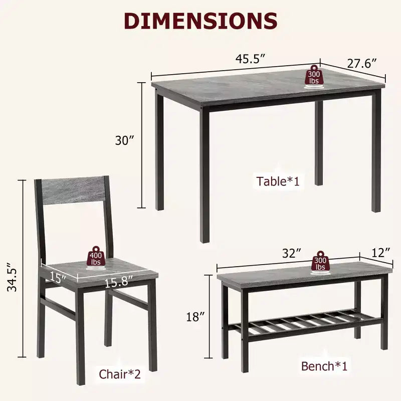 Ensemble table et chaises pour 4, table de cuisine moderne avec chaises et banc pour petit espace, ensemble table de salle à manger avec cadre en métal et étagère de rangement, pour appartement