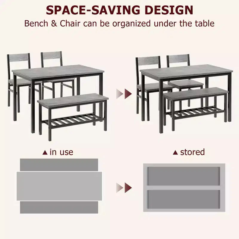 Ensemble table et chaises pour 4, table de cuisine moderne avec chaises et banc pour petit espace, ensemble table de salle à manger avec cadre en métal et étagère de rangement, pour appartement
