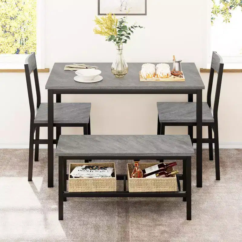 Ensemble table et chaises pour 4, table de cuisine moderne avec chaises et banc pour petit espace, ensemble table de salle à manger avec cadre en métal et étagère de rangement, pour appartement