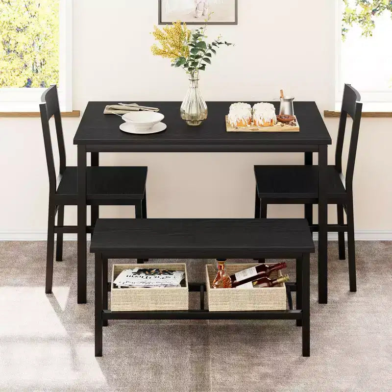Ensemble table et chaises pour 4, table de cuisine moderne avec chaises et banc pour petit espace, ensemble table de salle à manger avec cadre en métal et étagère de rangement, pour appartement