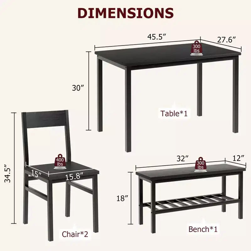 Ensemble table et chaises pour 4, table de cuisine moderne avec chaises et banc pour petit espace, ensemble table de salle à manger avec cadre en métal et étagère de rangement, pour appartement