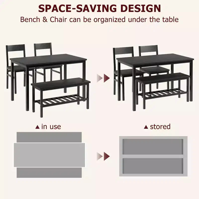Ensemble table et chaises pour 4, table de cuisine moderne avec chaises et banc pour petit espace, ensemble table de salle à manger avec cadre en métal et étagère de rangement, pour appartement