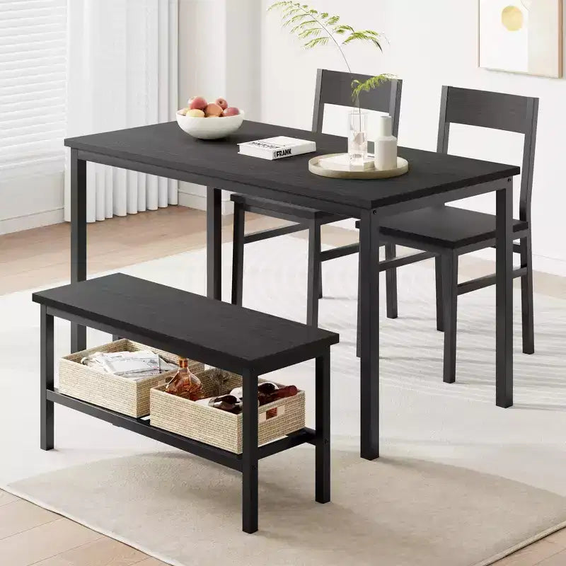 Ensemble table et chaises pour 4, table de cuisine moderne avec chaises et banc pour petit espace, ensemble table de salle à manger avec cadre en métal et étagère de rangement, pour appartement
