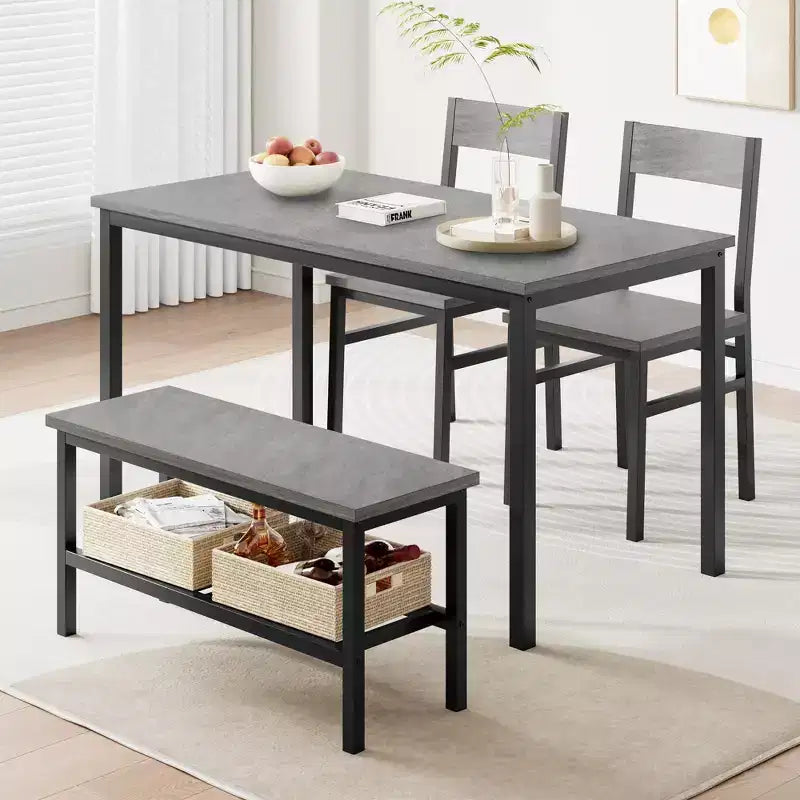 Ensemble table et chaises pour 4, table de cuisine moderne avec chaises et banc pour petit espace, ensemble table de salle à manger avec cadre en métal et étagère de rangement, pour appartement
