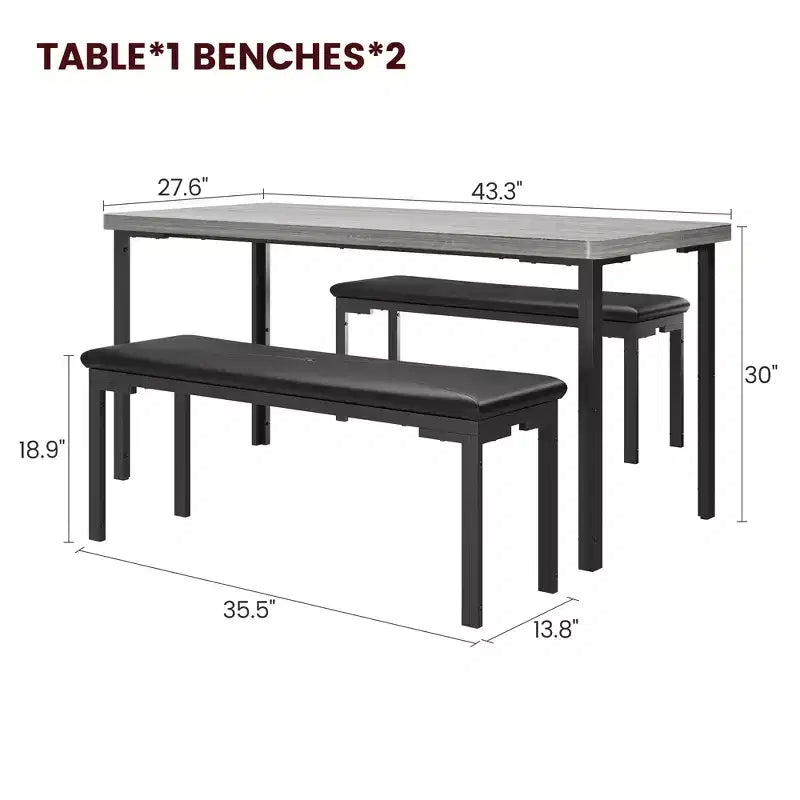 Ensemble Table à Manger pour 4, Table de Cuisine avec 2 Bancs, Cadre en Métal, Ensembles de Salle à Manger Gain de Place pour Cuisine, Salle à Manger