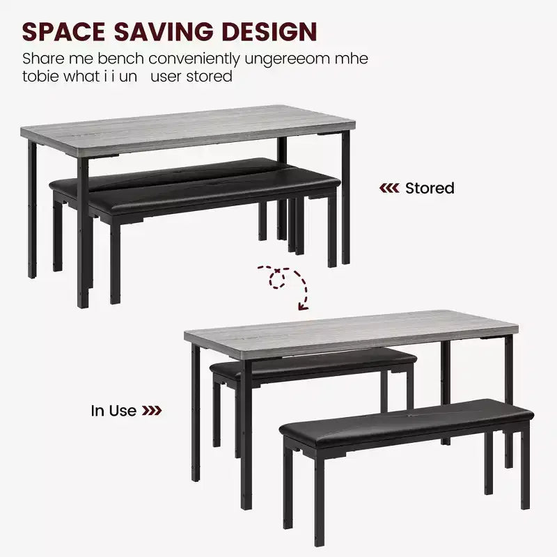 Ensemble Table à Manger pour 4, Table de Cuisine avec 2 Bancs, Cadre en Métal, Ensembles de Salle à Manger Gain de Place pour Cuisine, Salle à Manger