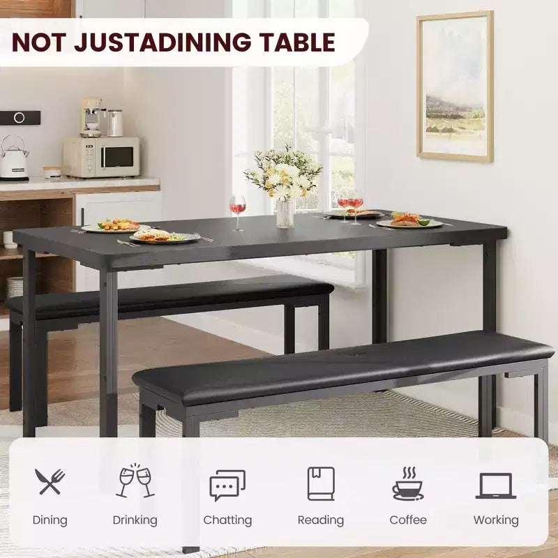 Ensemble Table à Manger pour 4, Table de Cuisine avec 2 Bancs, Cadre en Métal, Ensembles de Salle à Manger Gain de Place pour Cuisine, Salle à Manger