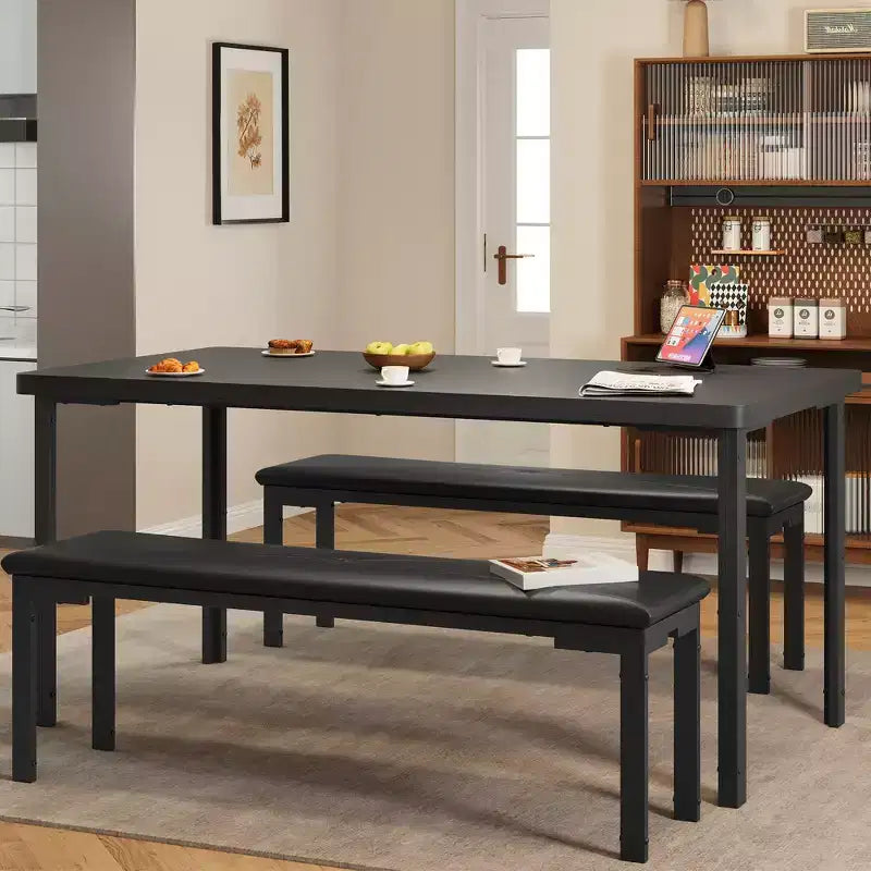Ensemble Table à Manger pour 4, Table de Cuisine avec 2 Bancs, Cadre en Métal, Ensembles de Salle à Manger Gain de Place pour Cuisine, Salle à Manger