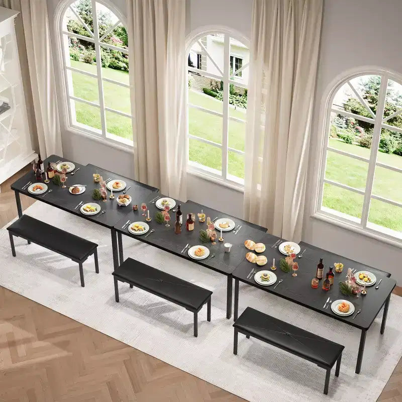 Ensemble Table à Manger pour 4, Table de Cuisine avec 2 Bancs, Cadre en Métal, Ensembles de Salle à Manger Gain de Place pour Cuisine, Salle à Manger