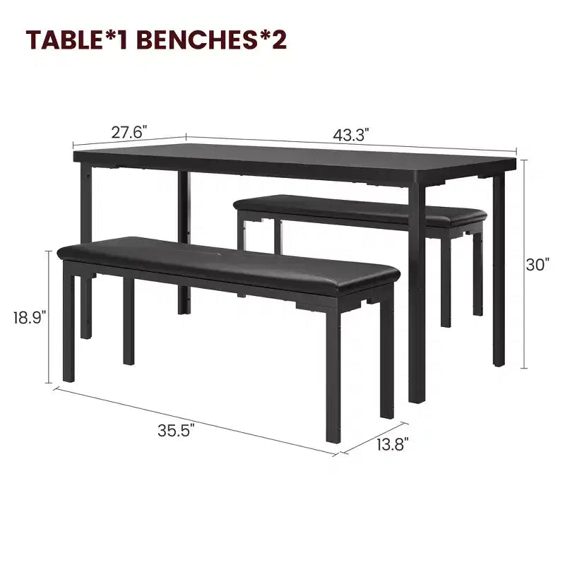 Ensemble Table à Manger pour 4, Table de Cuisine avec 2 Bancs, Cadre en Métal, Ensembles de Salle à Manger Gain de Place pour Cuisine, Salle à Manger
