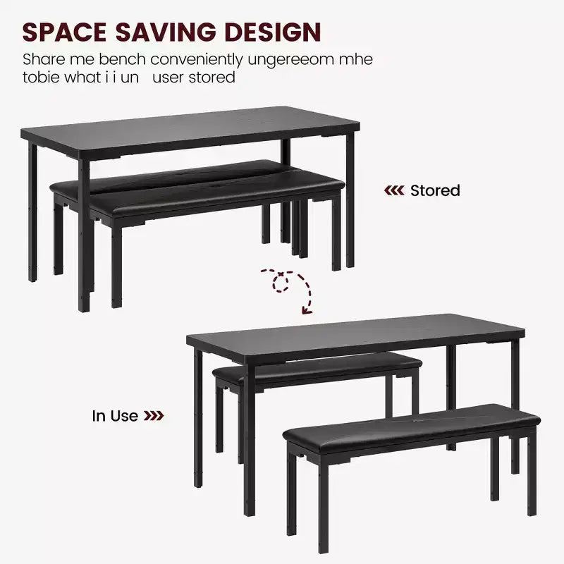Ensemble Table à Manger pour 4, Table de Cuisine avec 2 Bancs, Cadre en Métal, Ensembles de Salle à Manger Gain de Place pour Cuisine, Salle à Manger