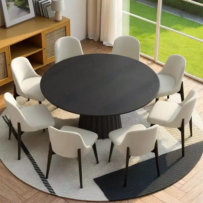 PexFix 60 Modern Round Dining Table Set with 8 Upholstered Chairs Black Textured Wood Top Pleated Pedestal Base Beige Seats for Kitchen Dining Room