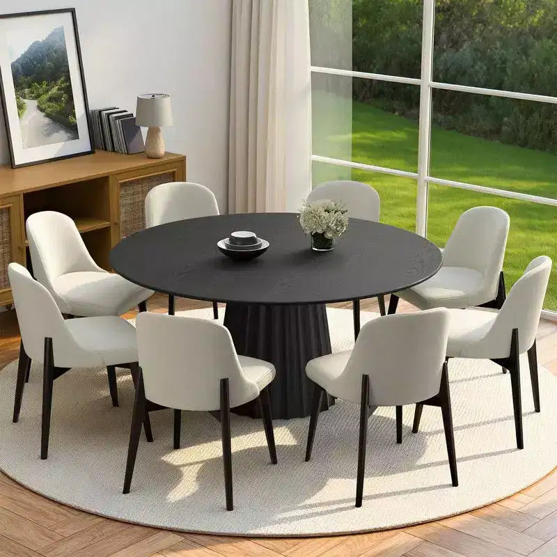 PexFix 60 Ensemble table à manger ronde moderne avec 8 chaises rembourrées Plateau en bois texturé noir Base piédestal plissée Sièges beiges pour cuisine salle à manger
