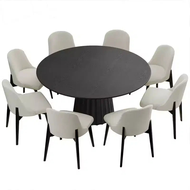 PexFix 60 Ensemble table à manger ronde moderne avec 8 chaises rembourrées Plateau en bois texturé noir Base piédestal plissée Sièges beiges pour cuisine salle à manger