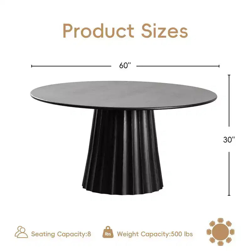 PexFix 60 Ensemble table à manger ronde moderne avec 8 chaises rembourrées Plateau en bois texturé noir Base piédestal plissée Sièges beiges pour cuisine salle à manger