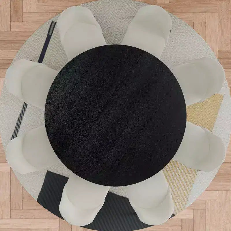 PexFix 60 Ensemble table à manger ronde moderne avec 8 chaises rembourrées Plateau en bois texturé noir Base piédestal plissée Sièges beiges pour cuisine salle à manger