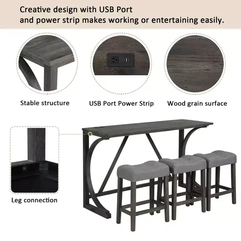 Ensemble de table de bar GDFStudio Kittson 4 pièces avec prise de courant