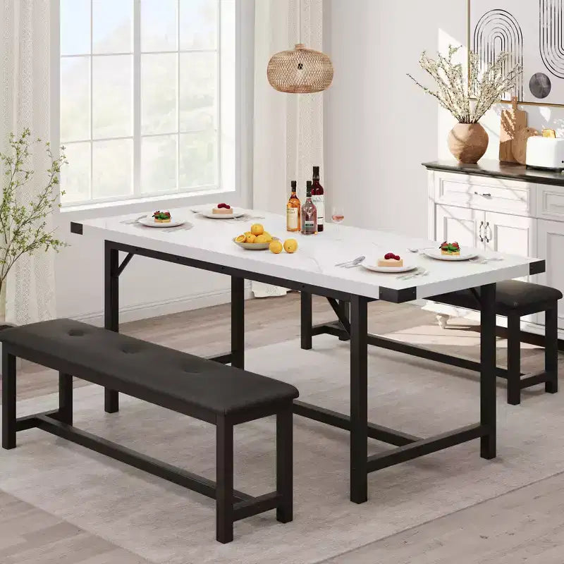 Ensemble table et chaises de salle à manger 3 pièces, ensemble de table de cuisine avec 2 bancs, ensemble de table de salle à manger pour 4 à 6 personnes pour appartement, cuisine, salon