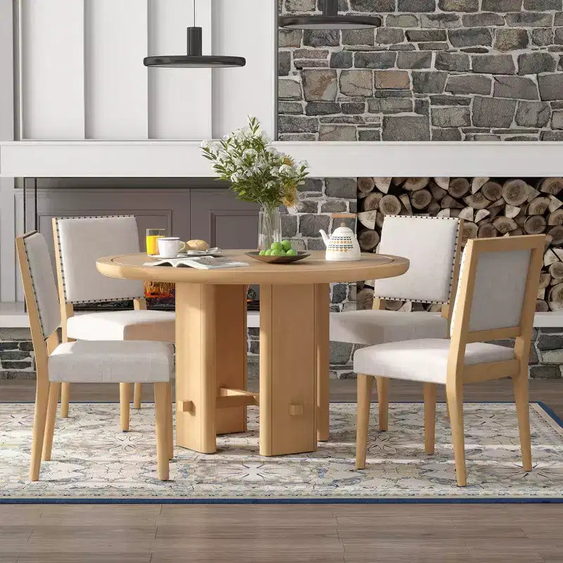 Ensemble de salle à manger GDFStudio Katte 5 pièces avec table ronde en bois massif et chaises rembourrées