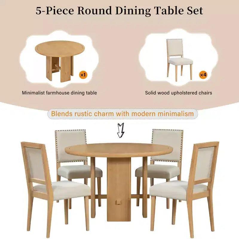 Ensemble de salle à manger GDFStudio Katte 5 pièces avec table ronde en bois massif et chaises rembourrées
