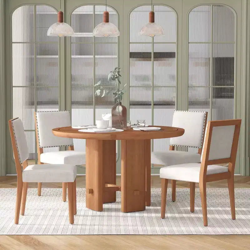 Ensemble de salle à manger GDFStudio Katte 5 pièces avec table ronde en bois massif et chaises rembourrées